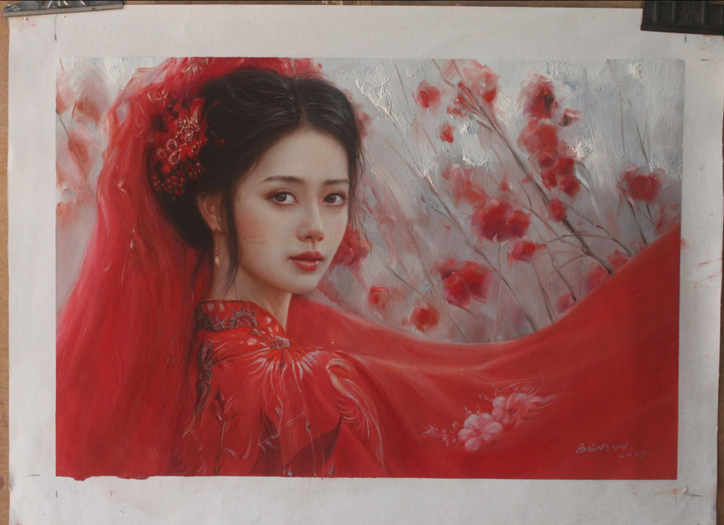 art-decoration-tableau-peinture-huile-toile-portrait-jeune-fille-asiatique-classique-traditionnel-rouge
