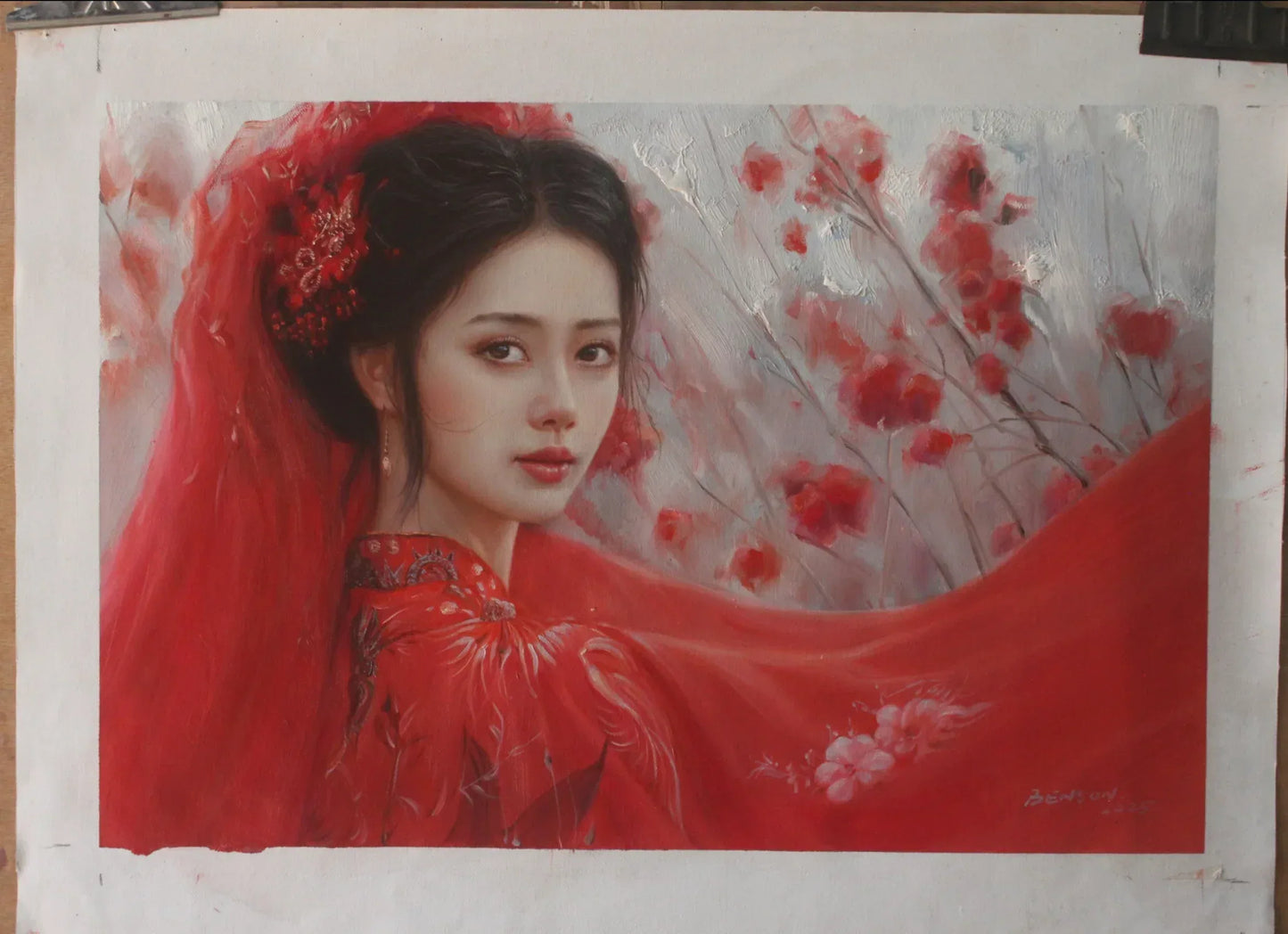 art-decoration-tableau-peinture-huile-toile-portrait-jeune-fille-asiatique-classique-traditionnel-rouge - Kikooyou Art Gallery