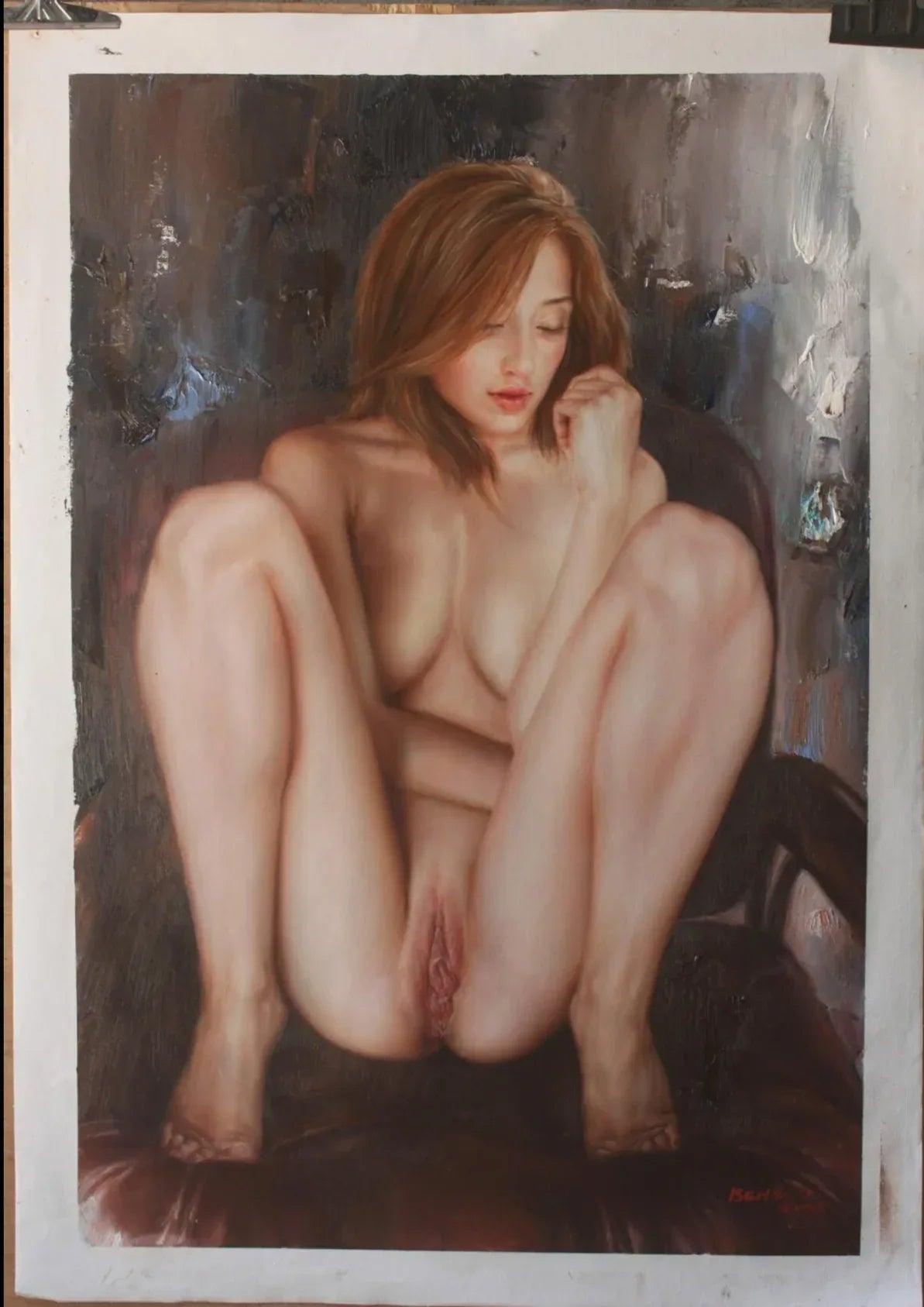 art-decoration-tableau-peinture-huile-toile-portrait-feminin-femme-nue-intégrale-ouverte - Kikooyou Art Gallery
