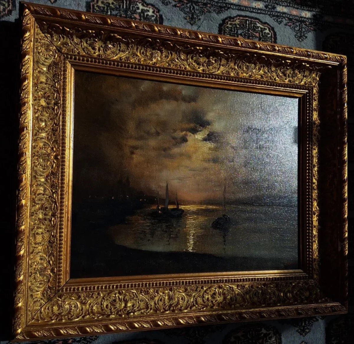Peinture à l'huile originale romantique voilier coucher de soleil d'après Louis Douzette - Kikooyou Art Gallery