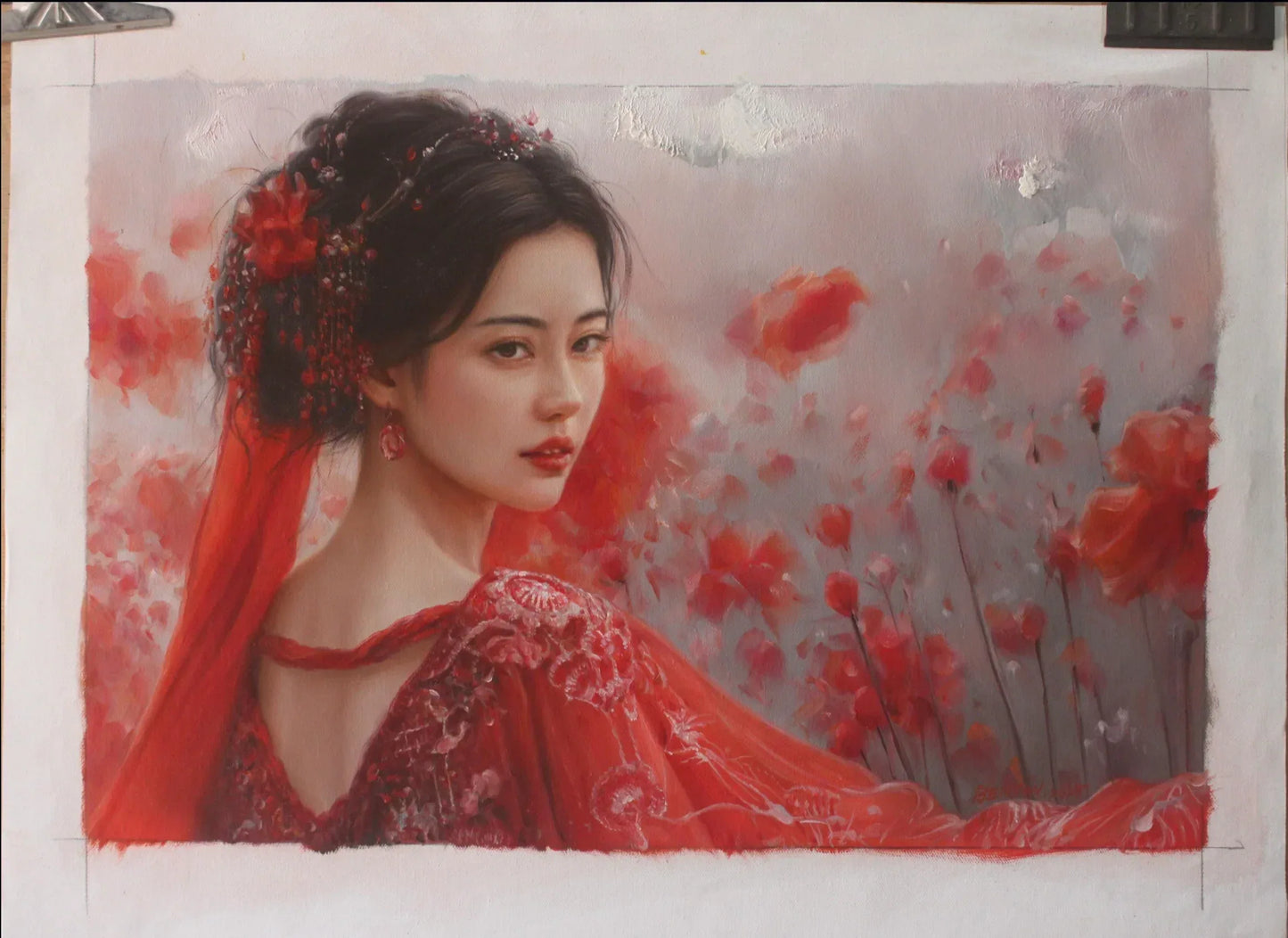 art-decoration-tableau-peinture-huile-toile-portrait-jeune-fille-asiatique-classique-traditionnel-champ-fleurs-rouge - Kikooyou Art Gallery