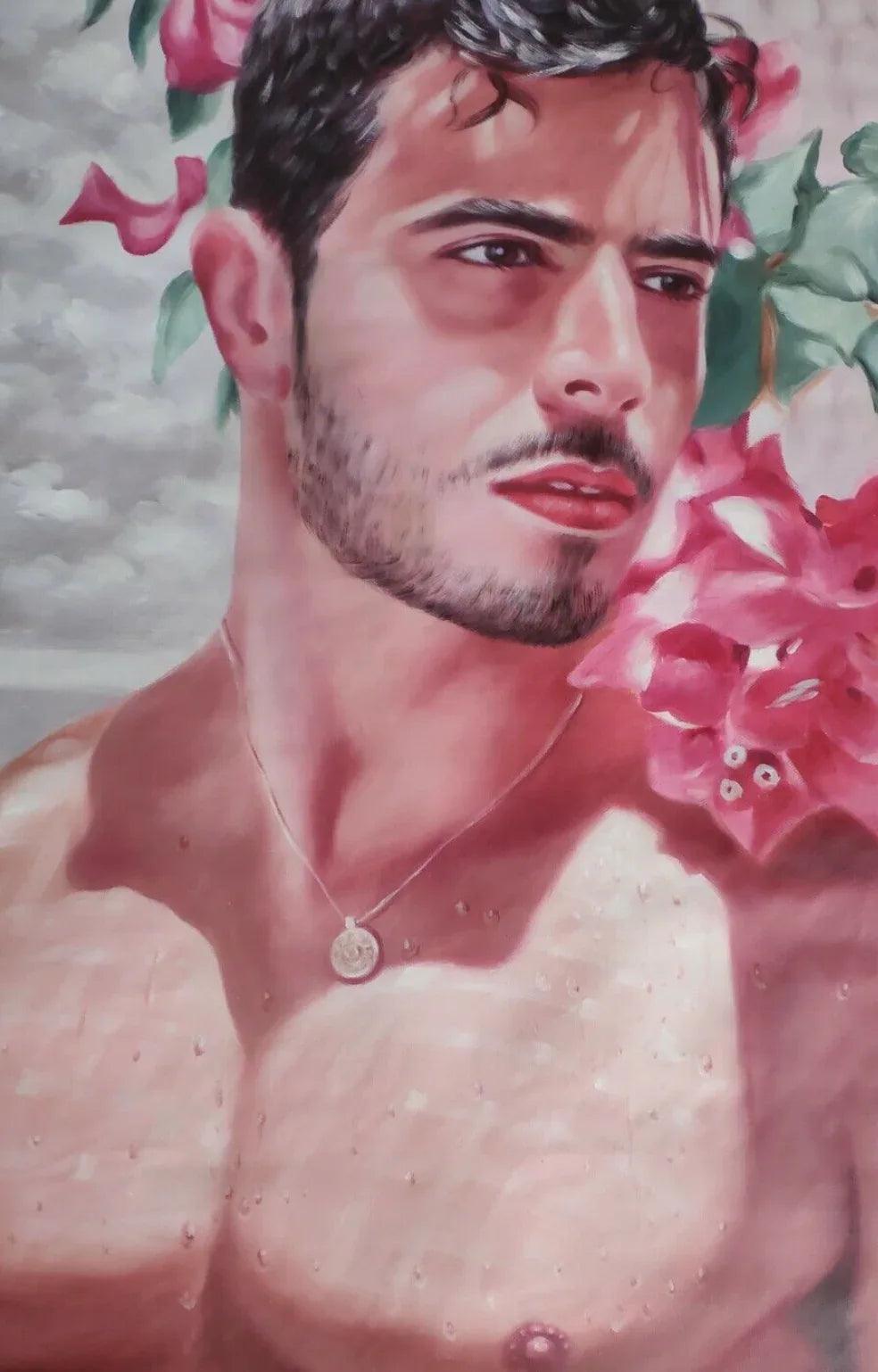Tableau Peinture Homme Torse Nu avec Fleurs - Art Décoratif sur Toile - Kikooyou Art Gallery