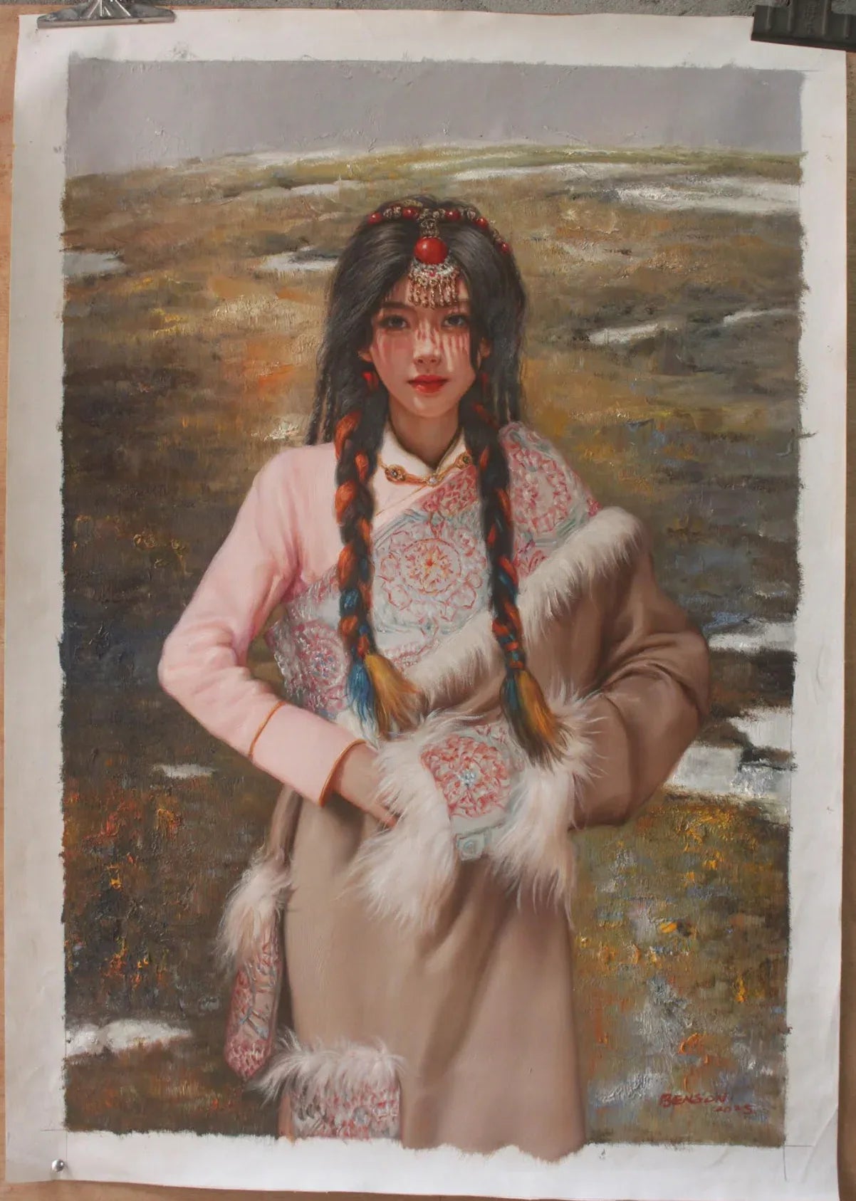 art-decoration-tableau-peinture-huile-toile-portrait-jeune-fille-asiatique-tibet-classique-traditionnel-costume - Kikooyou Art Gallery