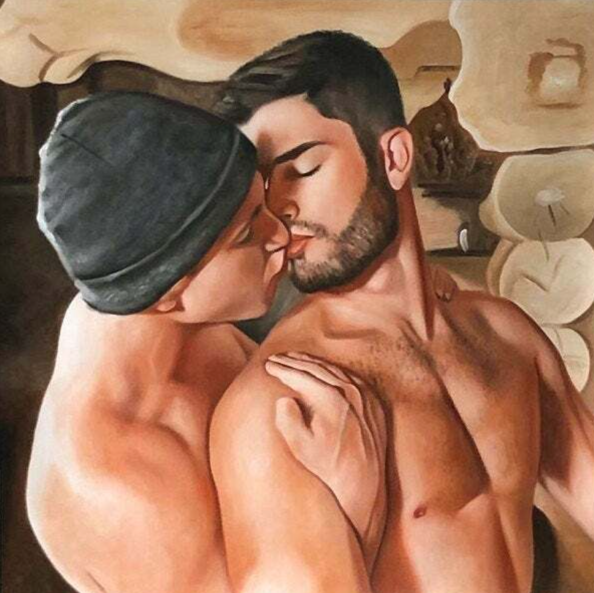 art-decoration-tableau-peinture-huile-toile-portrait-scene-erotique-gay-lgbt-hommes-torse-nu-baiser