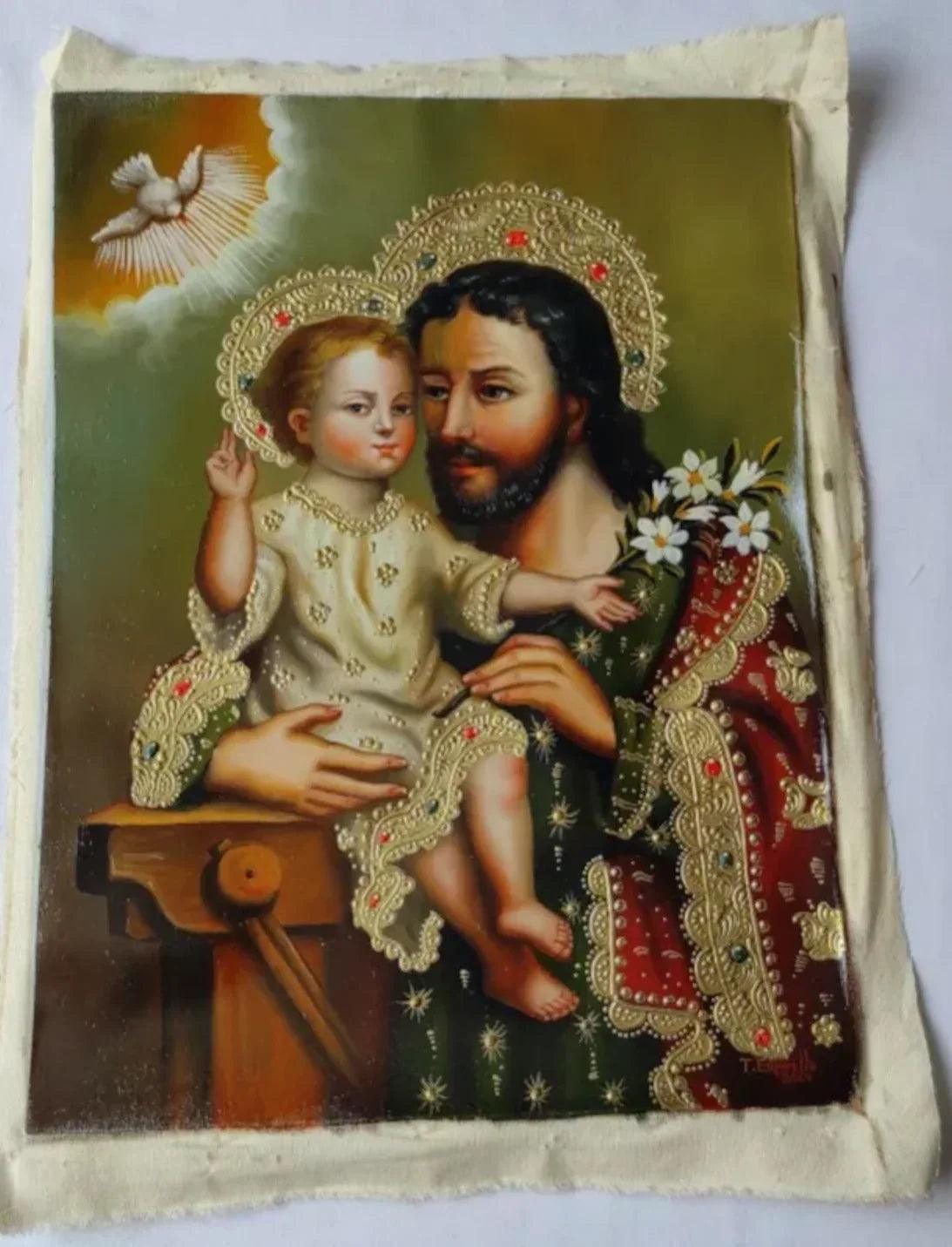 Saint Joseph et l'enfant, peinture à l'huile peinte à la main, art catholique, peinture Cuzco - Kikooyou Art Gallery