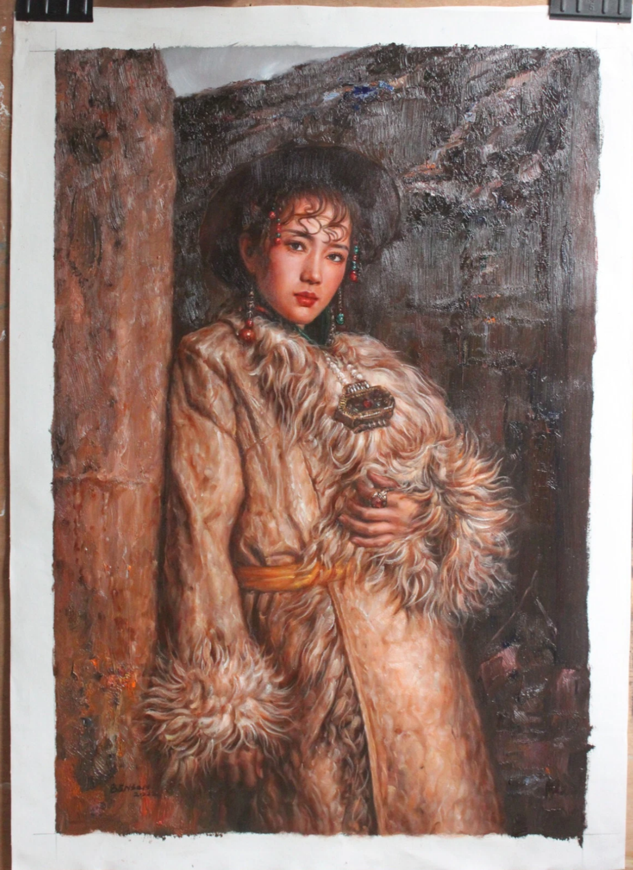 art-decoration-tableau-peinture-huile-toile-portrait-jeune-femme-asiatique-tibet-classique-traditionnel-costume-bergère