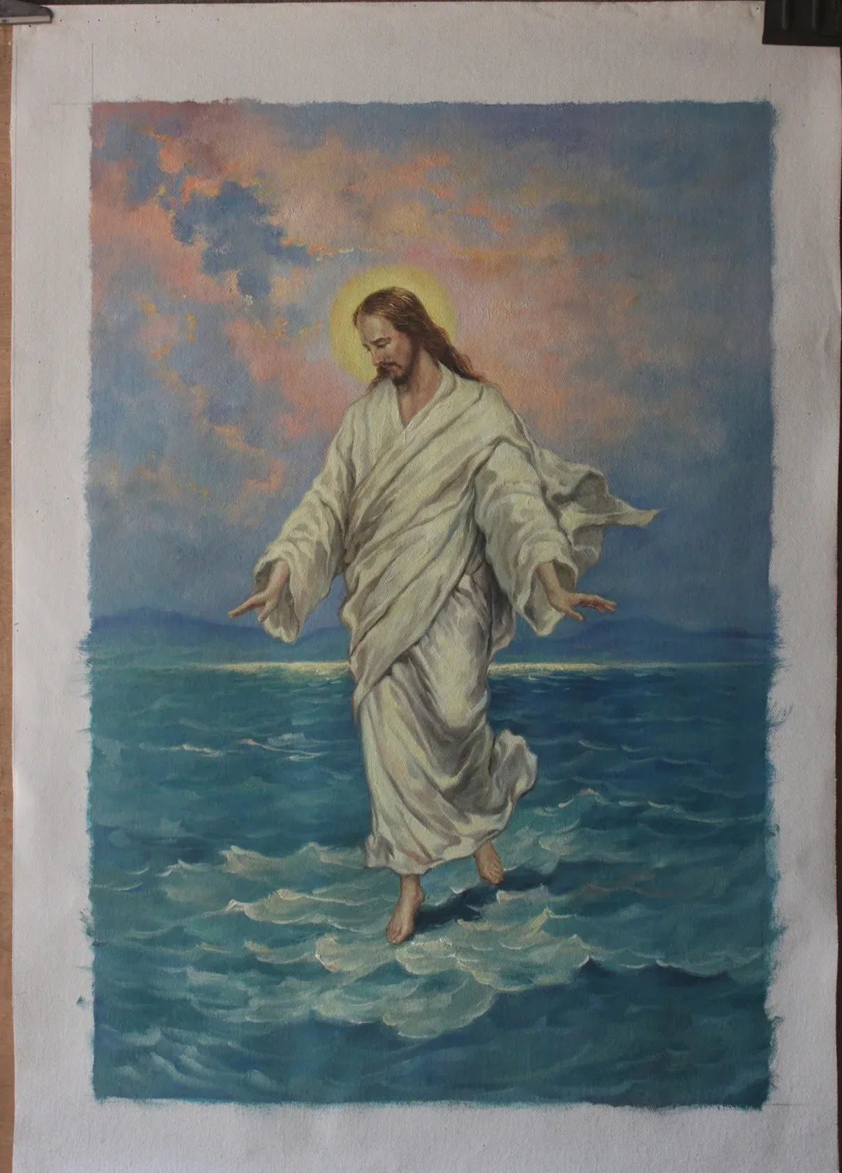 art-decoration-tableau-peinture-huile-toile-portrait-homme-religion-jésus marchant sur les eaux - Kikooyou Art Gallery
