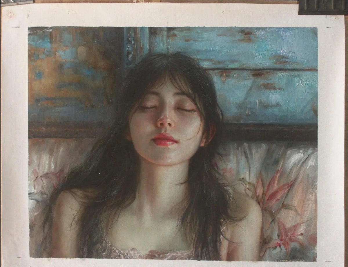 art-decoration-tableau-peinture-huile-toile-portrait-jeune-fille-asiatique-endormie - Kikooyou Art Gallery