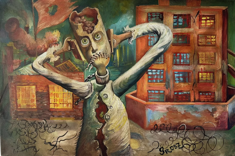Tableau surréaliste Grosz avec personnage déformé, bâtiments rouges, ambiance industrielle