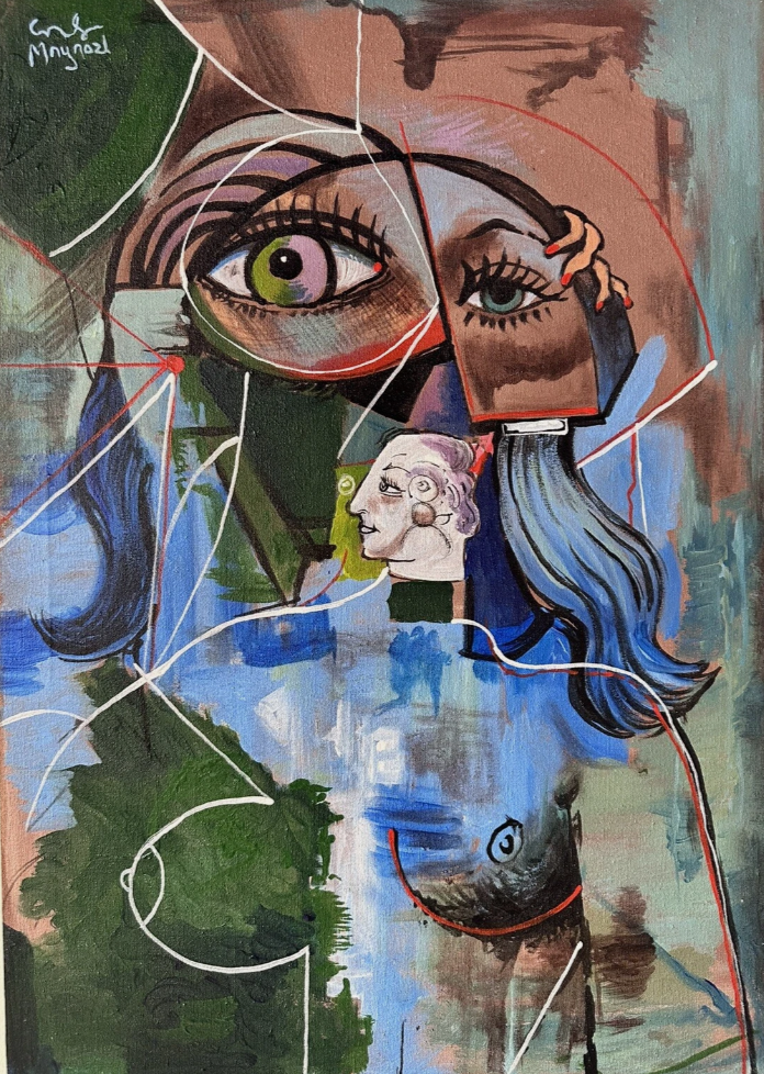 Tableau abstrait à l’huile sur toile, portrait cubiste avec grands yeux, touches bleues et vertes