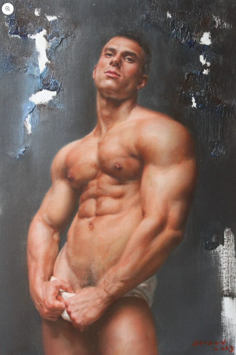 peinture à l'huile d'un homme musclé, torse nu, tenant un tissu blanc devant la taille. L'arrière-plan est sombre avec des touches de blanc et de bleu.