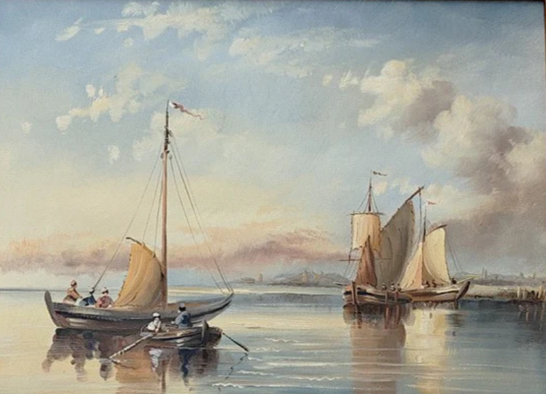 Peinture marine à l'huile, bateaux à voiles encadrés sur mer calme sous ciel bleu