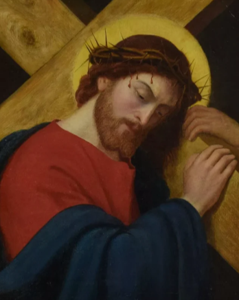 Peinture religieuse d’un homme barbu couronné d’épines portant une croix.