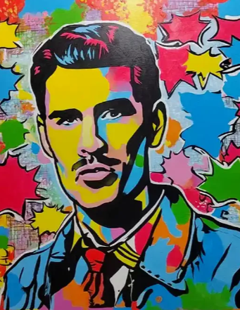 Portrait pop art coloré d'un homme moustachu sur fond de motifs étoilés multicolores