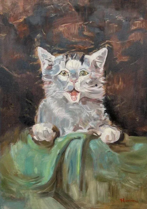 animal Tableau impressionniste d’un chaton gris sur un tissu vert, d'après l'oeuvre de Toulouse-Lautrec - Kikooyou Art Gallery