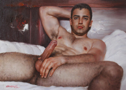 art-érotique-gay-sexe-peinture-huile sur toile-originale-homme-nu en action