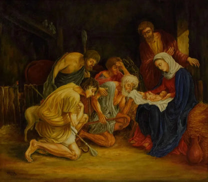 1966 Tableau ancien "La naissance du Christ", huile, signé et daté - Kikooyou Art Gallery - Kikooyou Art Gallery