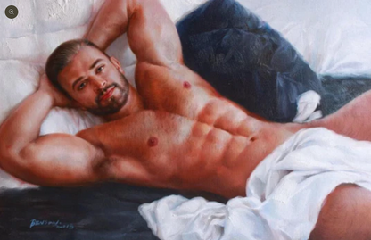 portrait art scène érotique homme nu huile sur toile signée / scenery erotic gay sex nude male oil painting on canvas