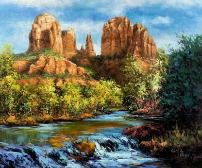 art-paysage-rivière-canyon-peinture à l'huile-toile-peinte main-
