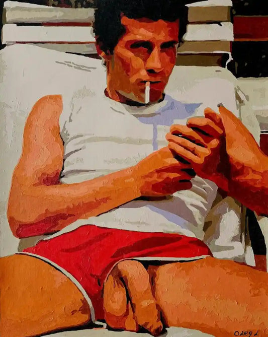 art-érotique-gay-peinture-huile sur toile-originale-homme-nu-très sexy