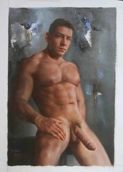 art-érotique-gay-peinture-huile sur toile-originale-homme-nu-intégrale