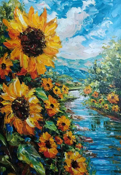 art-paysage-rivière-fleurs-tournesols-tableau-peinture-huile sur toile-signée