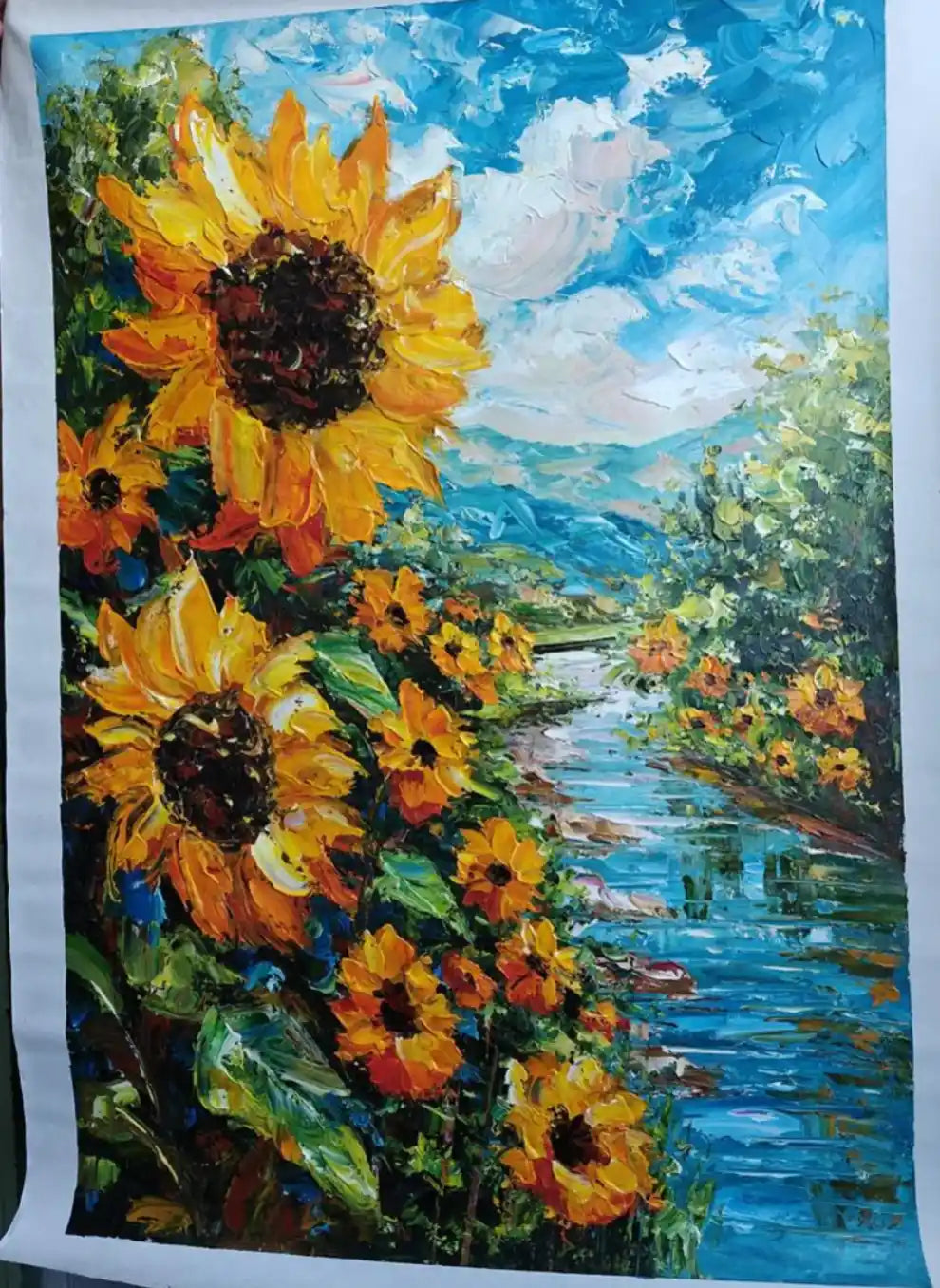 art-paysage-rivière-fleurs-tournesols-tableau-peinture-huile sur toile-signée