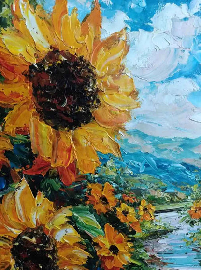art-paysage-rivière-fleurs-tournesols-tableau-peinture-huile sur toile-signée