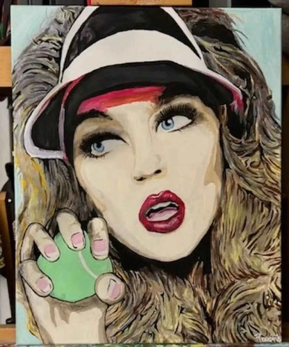 Tableau-peinture-originale-Match Tennis-huile sur toile-Pop Art-visage-femme