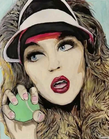 Tableau-peinture-originale-Match Tennis-huile sur toile-Pop Art-visage-femme