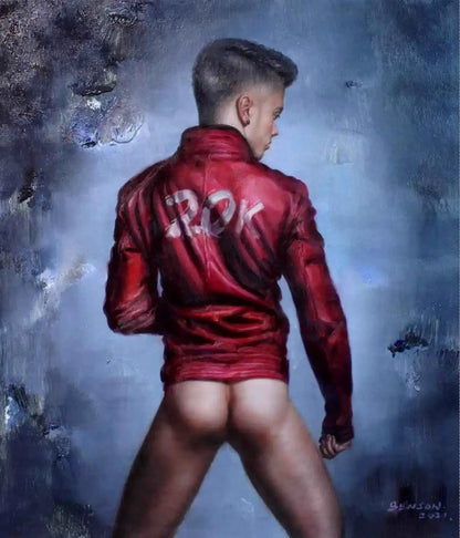 art-érotique-gay-peinture-huile sur toile-originale-homme-fesses-nu