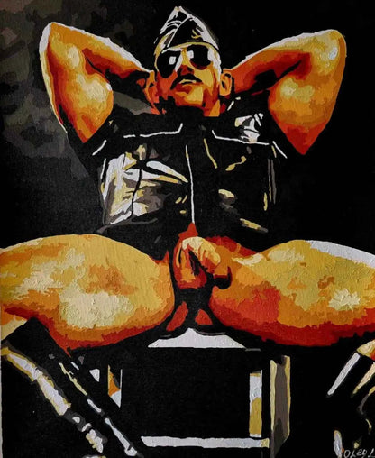 art-érotique-peinture-huile sur toile-gay-SM-homme-nu-cuir