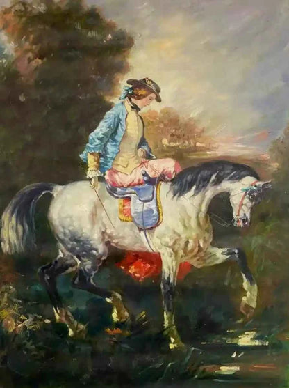 art-scène-vie-dame-cheval-amazone-peinture-huile-toile