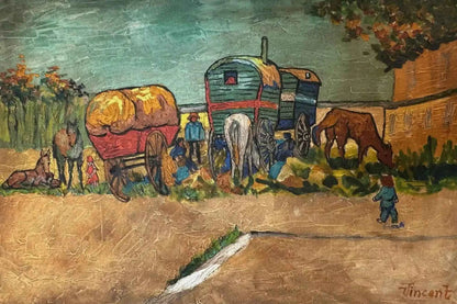 art-scène-vie-personnages-voyage-roulotte-cheval-peinture-huile-toile