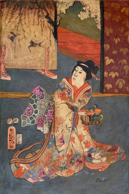 art-moderne-portrait-feminin-femme-japonaise-kimono-peinture-huile-toile