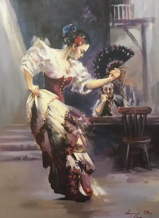art-scène-vie-danseuse-flamenco-éventail-peinture-huile-toile