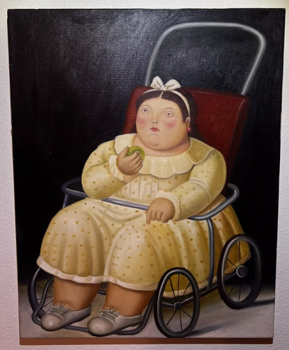 art-moderne-scène-vie-petite-fille-poussette-peinture-huile-toile