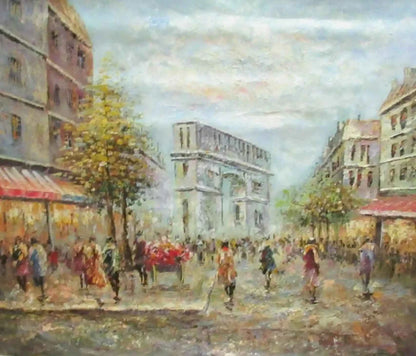 art-scène-rue-Paris-France-personnages-arc-peinture-huile-toile-non signée