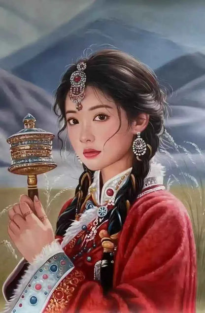 art -portrait-féminin-femme-asiatique-moulin-prières-peinture-huile sur toile