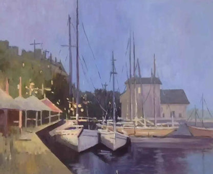 art-paysage-scène-port-plaisance-bateaux-peinture-huile-toile