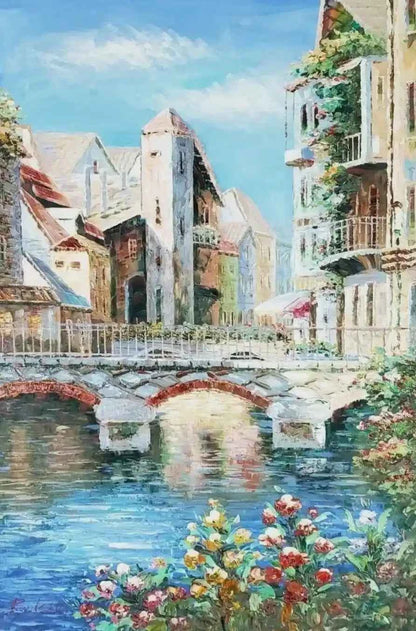 River arc pont village peinture originale à l'huile peinte à la main par P.K