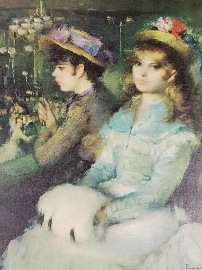 art-scène-vie-séduisantes-jeunes-femmes-chapeaux-loge-peinture-huile-toile