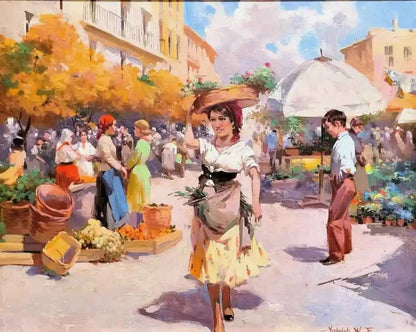 art-scène-vie-marché-hongrois-peinture-huile-toile