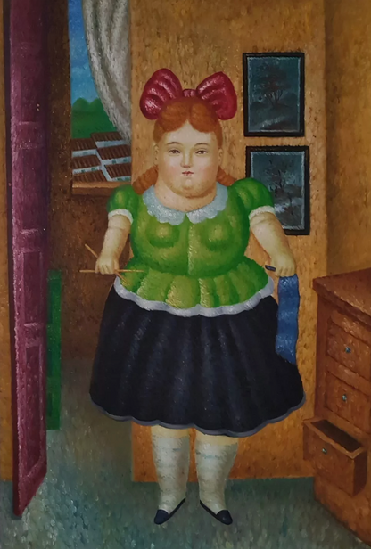 art-moderne-scène-vie-petite-fille-tricot-peinture-huile-toile