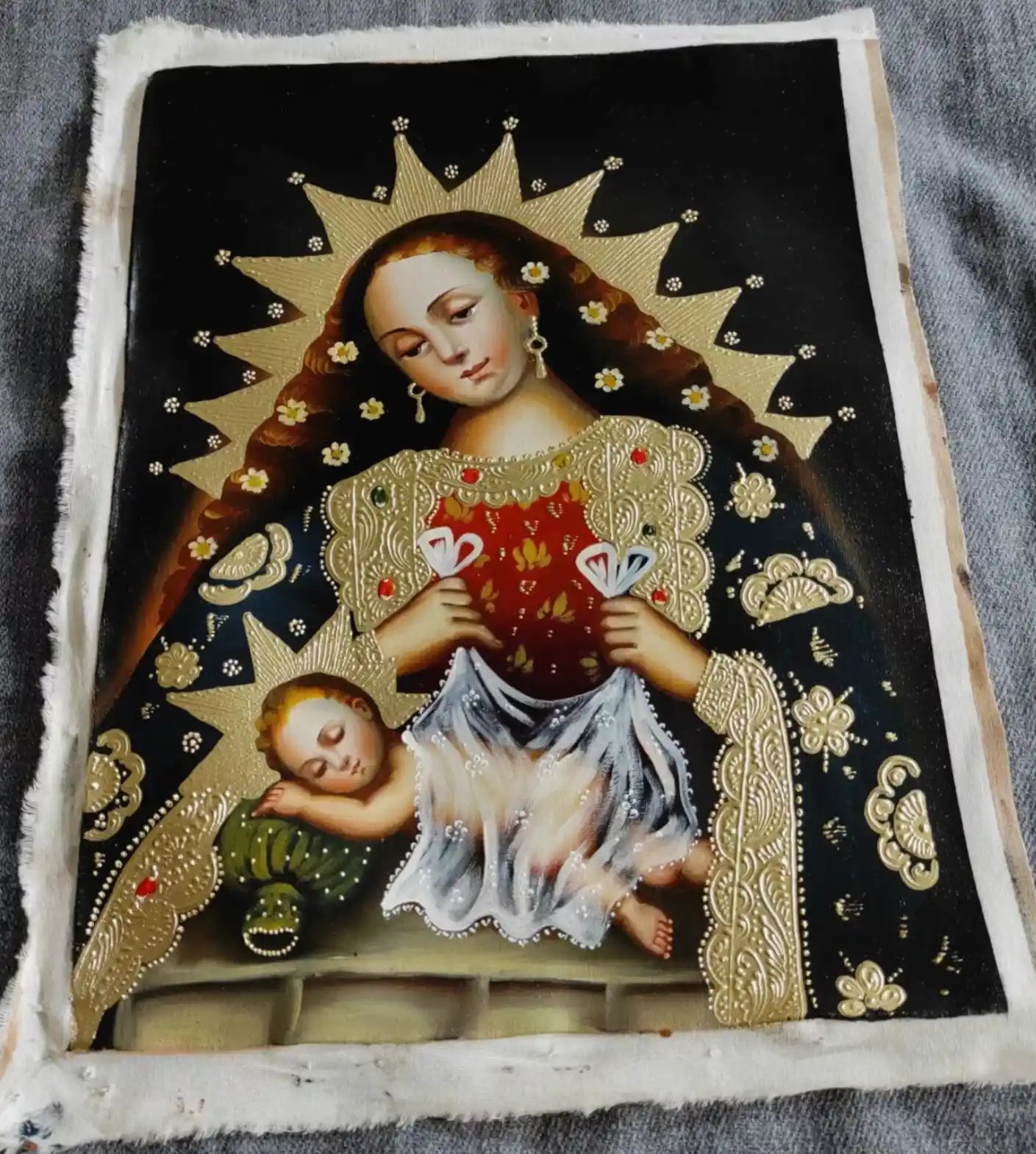 Vierge à l'Enfant, Tableau Cuzco, Peinture à l'huile originale, Art catholique, fait main
