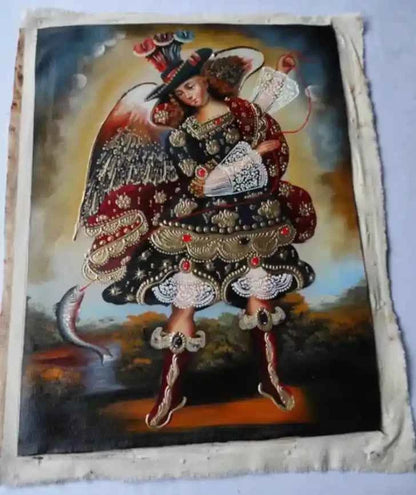 Archange St Raphaël, tableau école Cuzco, peinture à l'huile originale, peint à la main