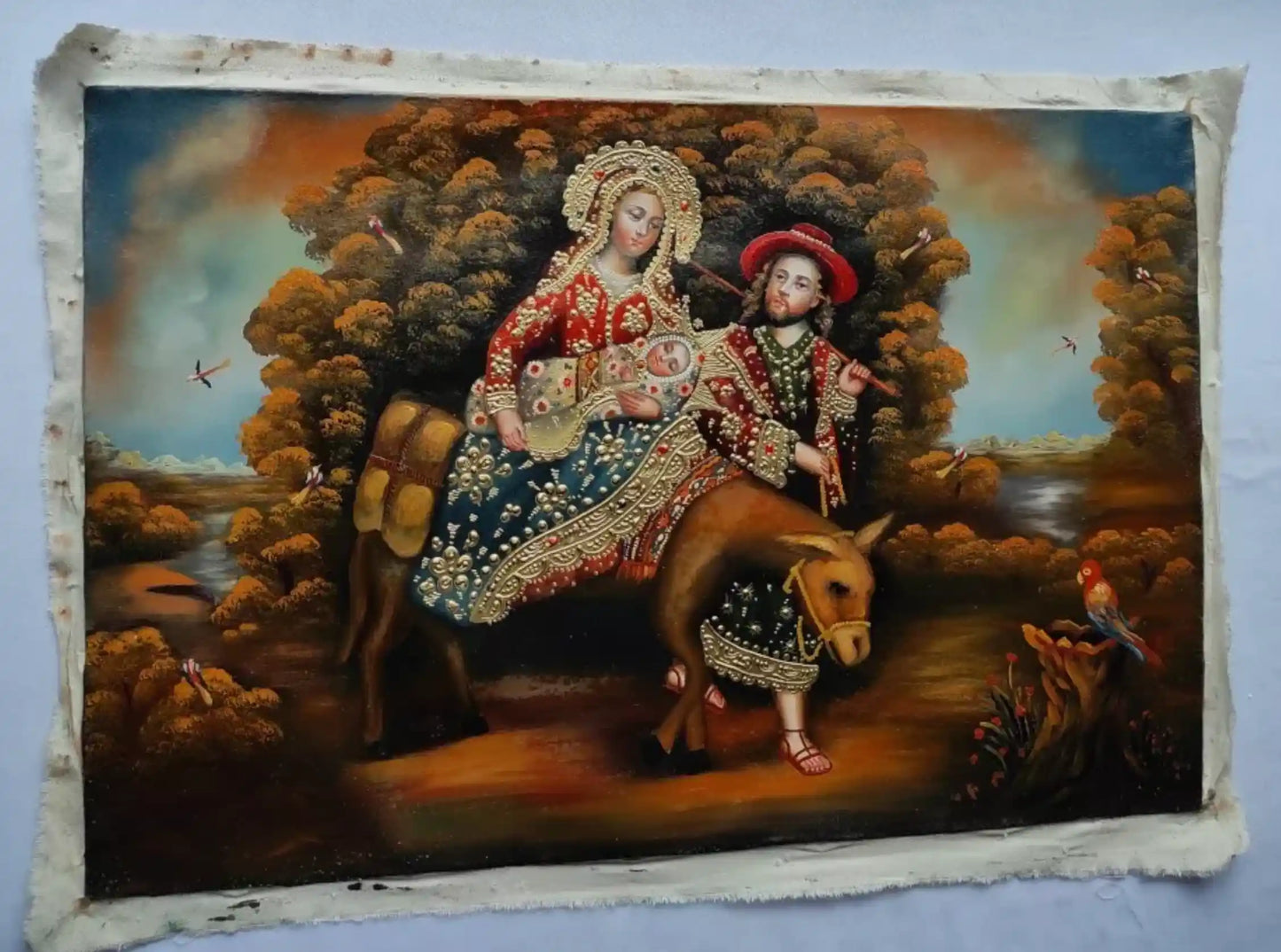 La fuite en Egypte, peinture à l'huile originale, peinte à la main, peinture Cuzco, icône