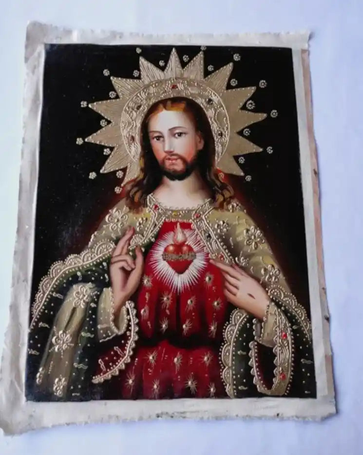 Sacré Coeur de Jésus, Sacré Coeur, Peinture à l'huile originale, Peinte à la main, Icône