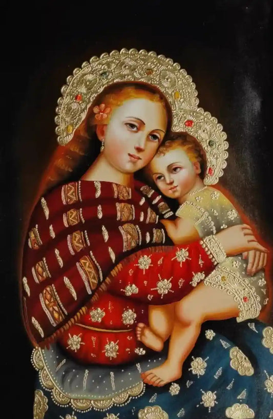 Vierge à l'Enfant, art catholique, école de Cuzco, peinture originale, peinte à la main