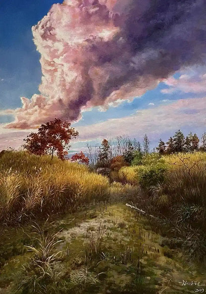 art-paysage-soleil-couchant-campagne-peinture-huile-toile